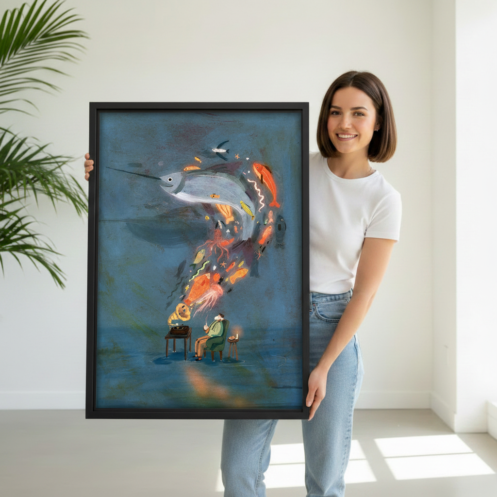 Woman holding large black framed surrealist gramophone and ocean creatures wall art print, size reference lifestyle photo