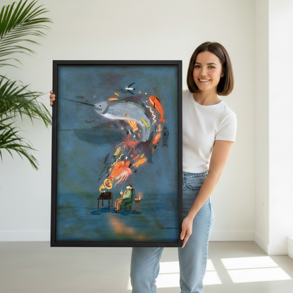 Woman holding large black framed surrealist gramophone and ocean creatures wall art print, size reference lifestyle photo