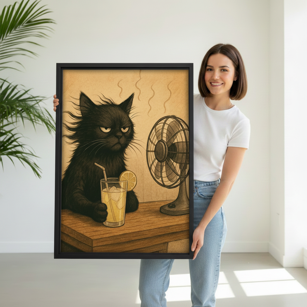 Woman holding large framed grumpy black cat lemonade fan retro humor canvas wall art print