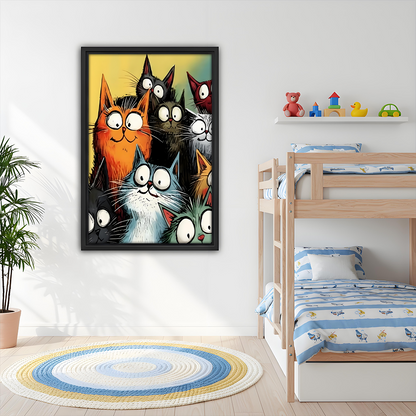 Funny cats framed canvas wall art in kids bedroom – colorful cartoon cat print for children's room decor
