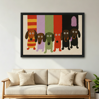 Whimsical dachshund gang framed wall art above linen sofa, bold colorful retro dog illustration, black frame, modern Scandinavian living room decor