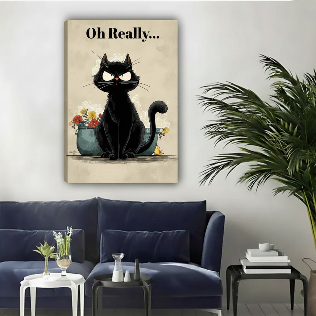 "Oh Really" Grumpy Black Cat Vintage Canvas Wall Art l2012