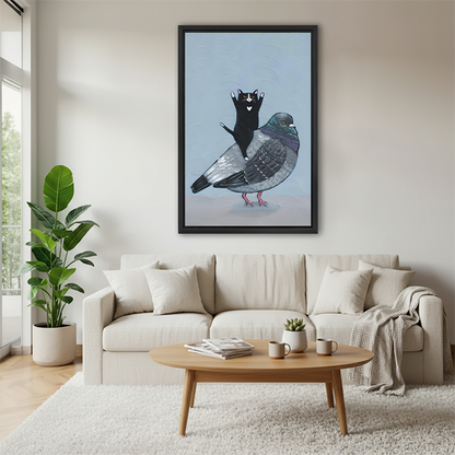 Cat Riding Pigeon Framed Wall Art Print Modern Living Room