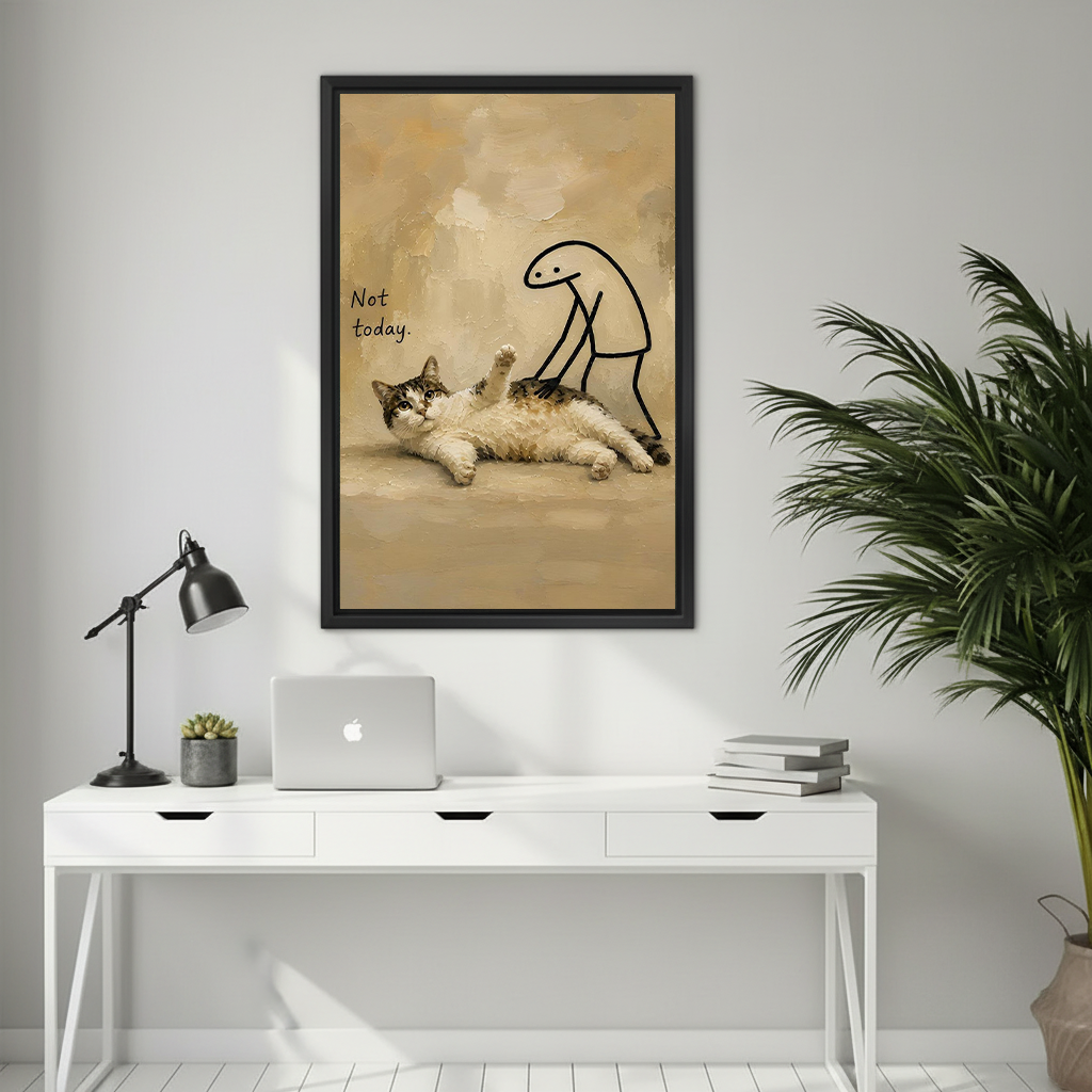 Humorous 'Not Today' cat oil painting wall art print in black frame above a white home office desk with laptop