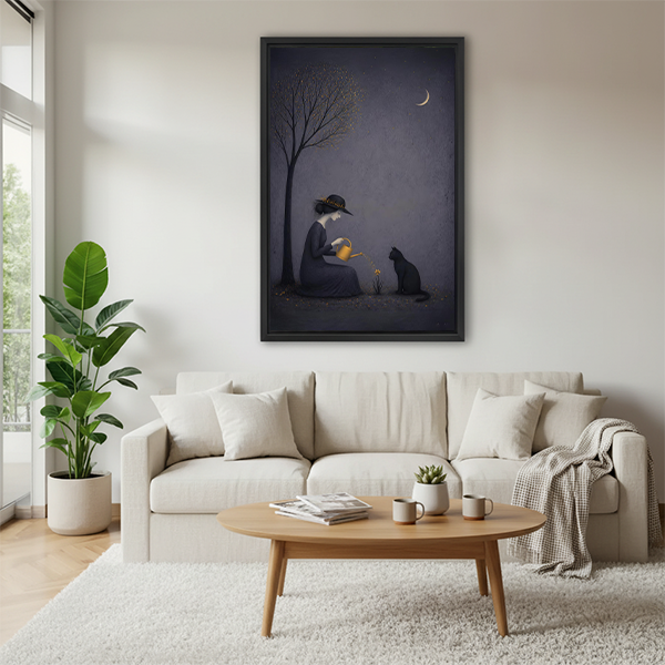 Dark botanical witch and cat framed illustration above a cream sofa in a Scandinavian living room, mystical moonlit wall art