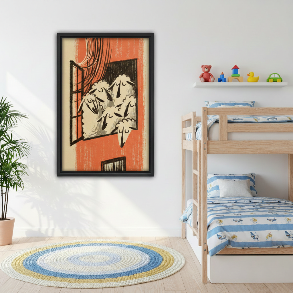 Framed sheep in window wall art hanging in a children's bedroom above a bunk bed