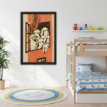 Framed sheep in window wall art hanging in a children's bedroom above a bunk bed