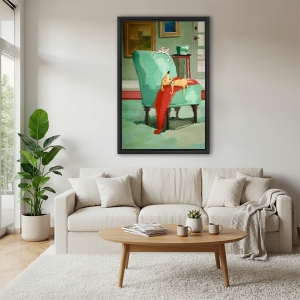 Whimsical lazy dog armchair wall art print above cream sofa in Scandinavian living room