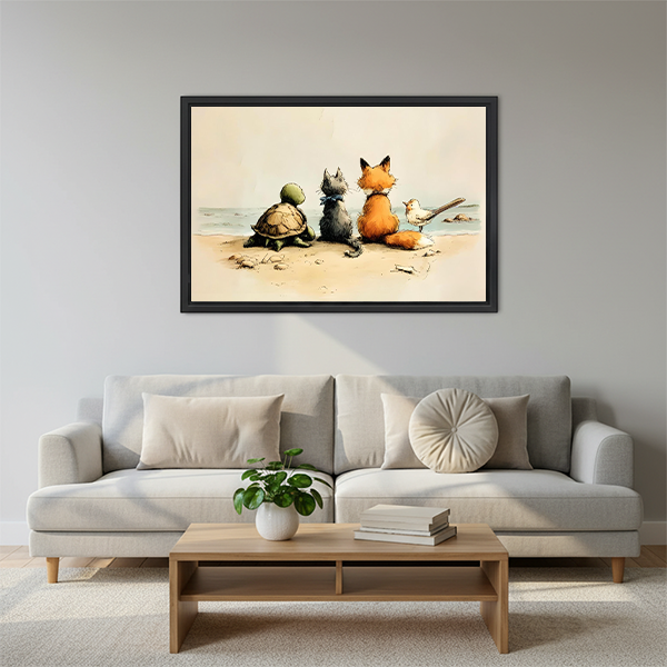 Turtle gray cat orange fox and small bird sitting side by side on sandy beach facing the ocean vintage illustration style framed wall art hung on light grey wall above light grey sofa with round velvet cushion white ceramic pot plant and wooden coffee table with stacked books