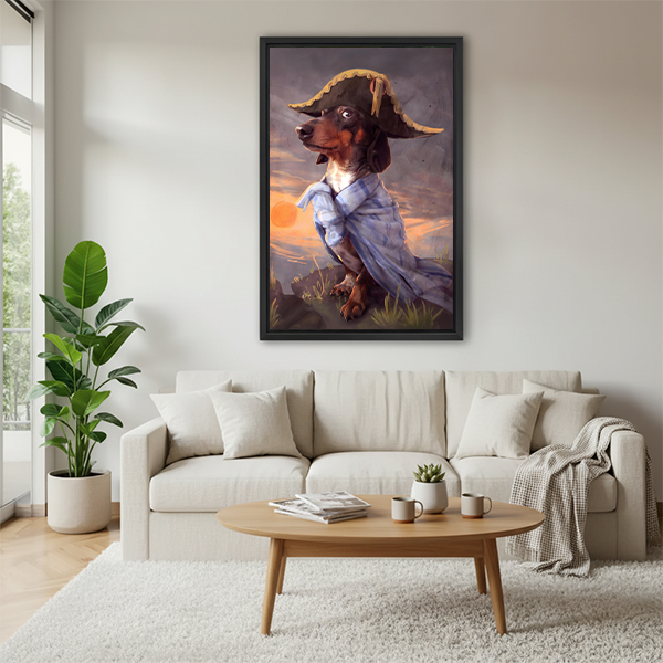 Fantasy pirate dachshund art print above white sofa in cozy Scandinavian living room