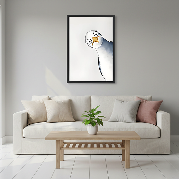 Tilted seagull quirky watercolor framed wall art hung on grey wall above cream sofa with pink cushion and wooden coffee table in minimalist living room