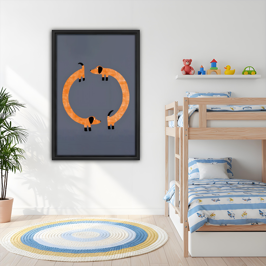 Minimalist dachshund circle framed print in kids bedroom – cute orange dog wall art decor