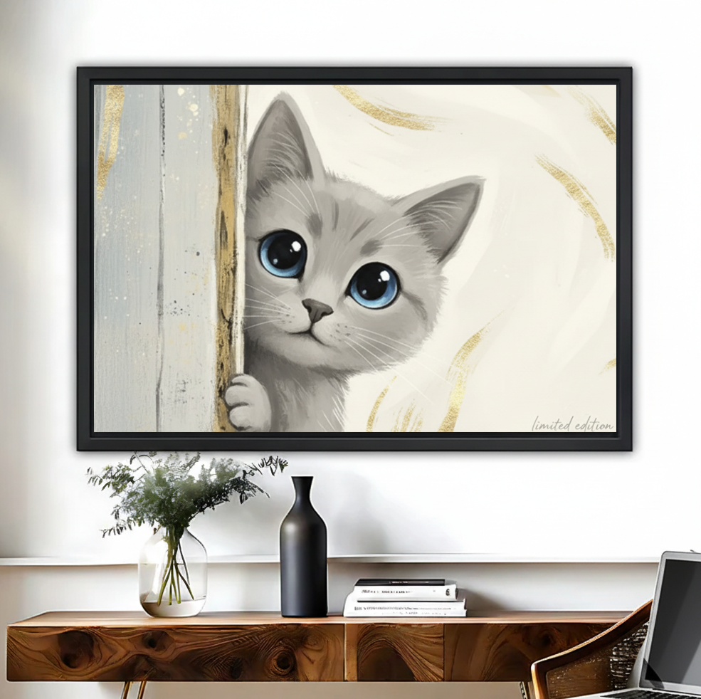 Cute Gray Kitten Canvas Wall Art - Peeking Cat Print| Liberty Signs #L282