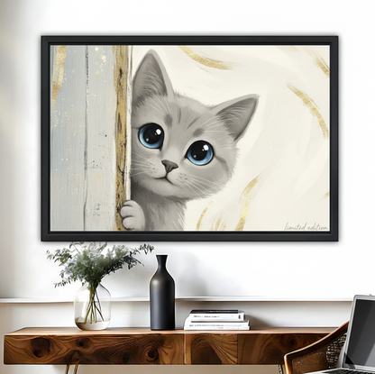 Cute Gray Kitten Canvas Wall Art - Peeking Cat Print| Liberty Signs #L282
