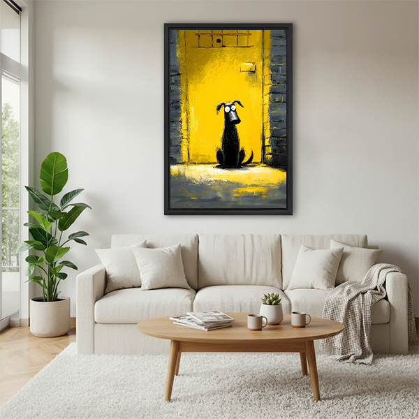 Funny black dog at yellow door framed street art print above a cream sofa in a Scandinavian living room, bold pop art wall decor