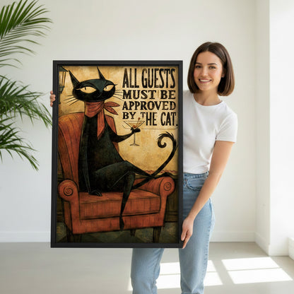 Woman holding large framed funny black cat all guests approved gothic retro canvas wall art