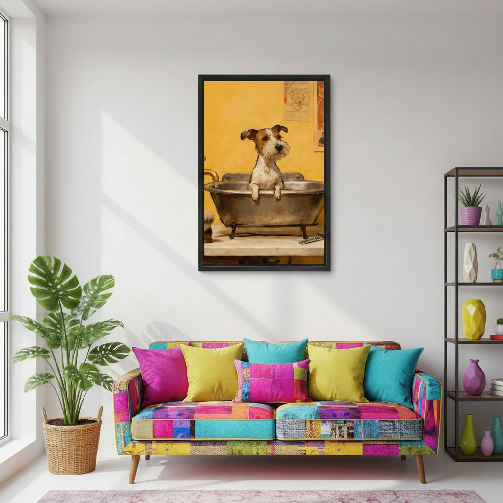 Vintage dog in bathtub framed canvas art above colorful sofa, retro terrier bathing painting for eclectic living room wall decor