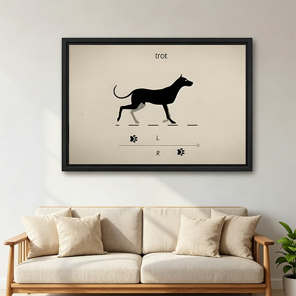 Minimalist framed canvas wall art of a black dog in trot motion with paw print diagram, modern graphic print, living room sofa wall decor