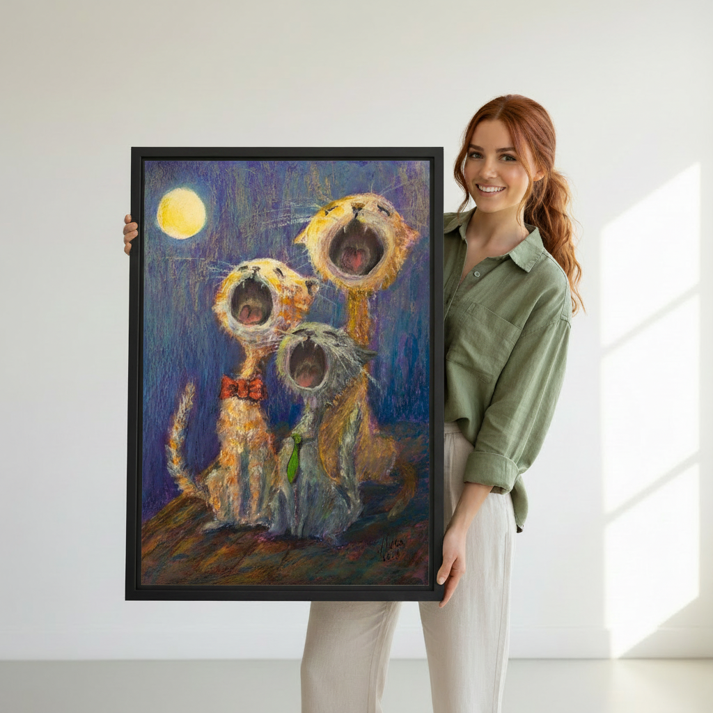 Woman holding large framed singing cats art print, three whimsical cats howling at full moon, premium black frame canvas wall art gift for cat lovers
