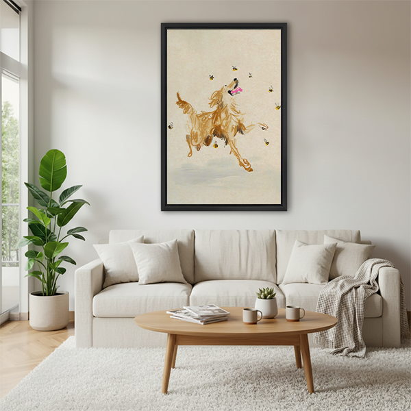 Golden retriever watercolor bees joyful framed canvas wall art above cream sofa in bright Scandinavian living room with round coffee table and throw blanket