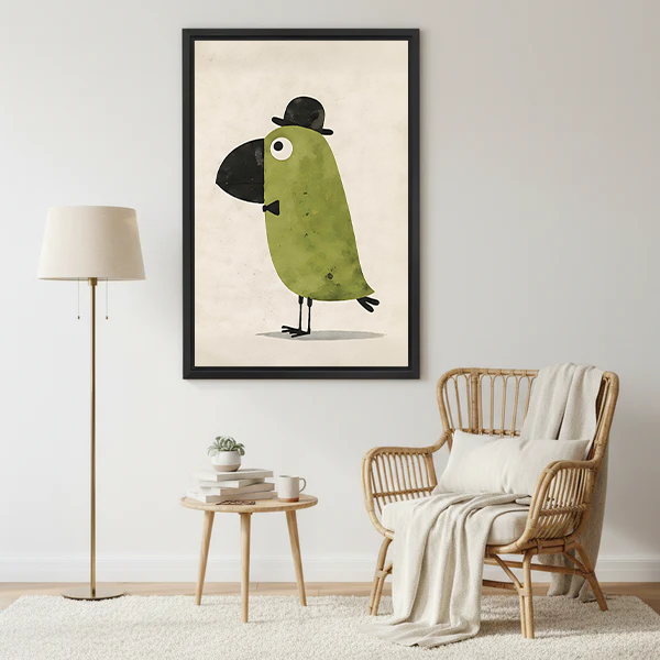 Quirky green bird with bowler hat framed illustration wall art print beside a rattan armchair and floor lamp in a cozy living room