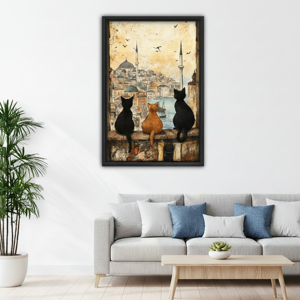 Istanbul cats vintage watercolor framed wall art above sofa — three cats on ancient wall overlooking mosque, living room decor