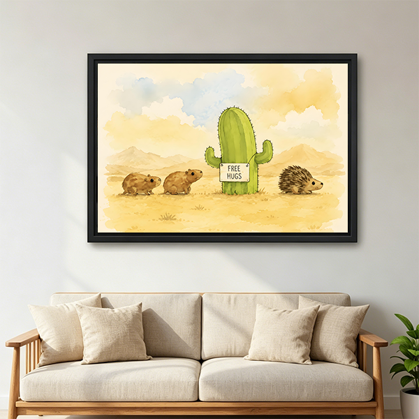 Whimsical watercolor framed canvas wall art of a cactus offering free hugs to a hedgehog and guinea pigs in a golden desert, modern living room sofa wall decor