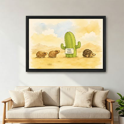 Whimsical watercolor framed canvas wall art of a cactus offering free hugs to a hedgehog and guinea pigs in a golden desert, modern living room sofa wall decor