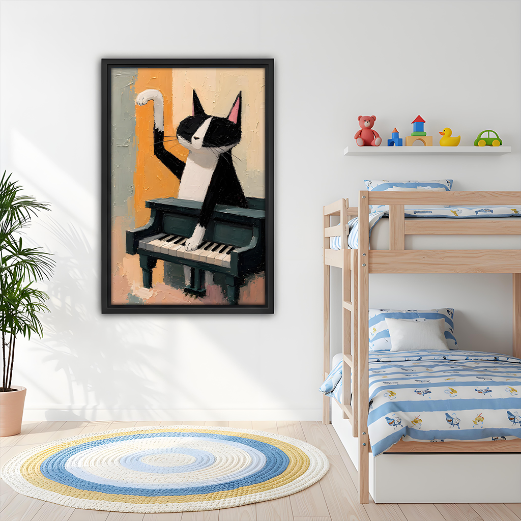 Funny Tuxedo Cat Playing Piano Framed Wall Art Print Kids Room Bedroom Decor