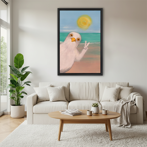 Funny bird summer beach art print displayed above living room sofa