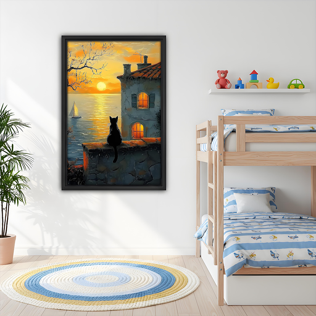Black cat ocean sunset oil painting framed print – kids bedroom coastal wall art decor
