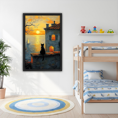 Black cat ocean sunset oil painting framed print – kids bedroom coastal wall art decor