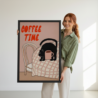 Gallery-wrap Coffee Time black cat canvas wall art with red lettering and a pink mug, displayed between potted plants.