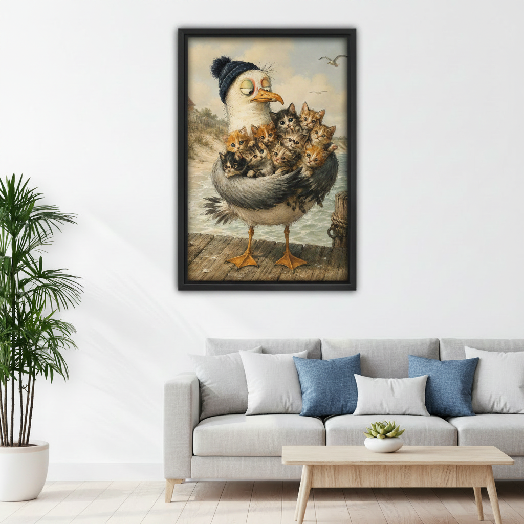 Quirky seagull and kittens framed poster art on living room wall above gray sofa