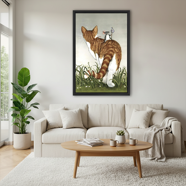 Vintage cat and mouse framed illustration above a cream sofa in a cozy living room, whimsical animal wall art decor