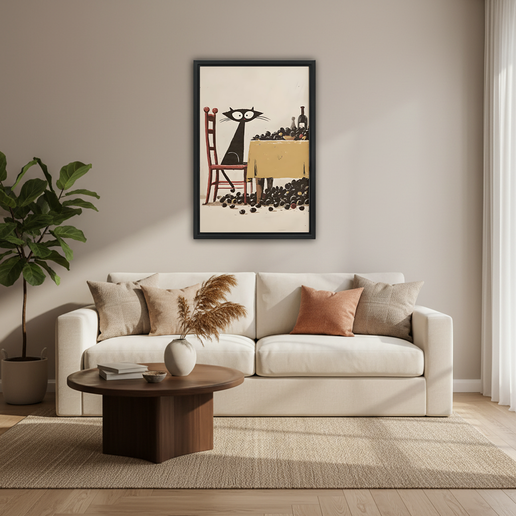 Black cat and grapes framed art print hanging above cream sofa in modern minimalist living room