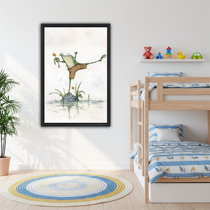 Dancing frog framed print in kids bedroom with bunk bed — playful watercolor animal wall art