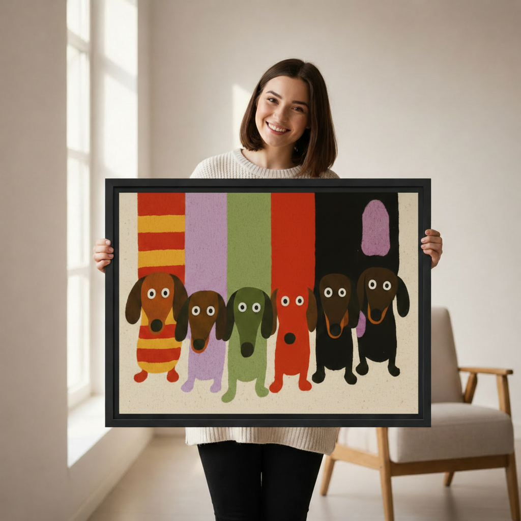 Whimsical dachshund gang framed canvas wall art held by smiling woman, six colorful dachshunds retro illustration, black frame, bright minimalist room