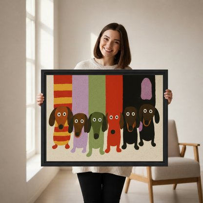 Whimsical dachshund gang framed canvas wall art held by smiling woman, six colorful dachshunds retro illustration, black frame, bright minimalist room