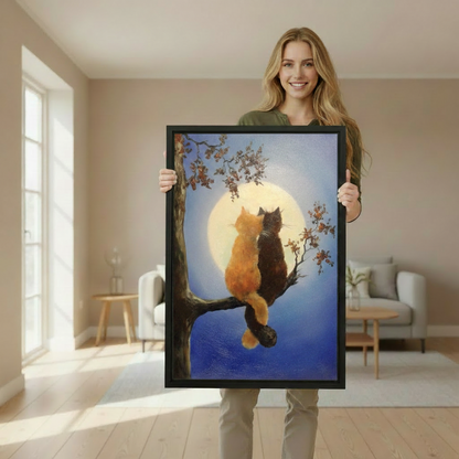 Moonlight Cats Romantic Framed Canvas Wall Art l2033