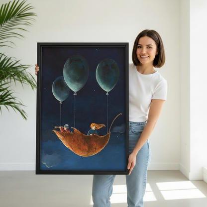 Woman holding large black framed fantasy balloon leaf children wall art print, size reference lifestyle photo, whimsical night sky decor