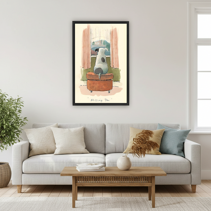 Framed Missing You dog watercolor art print above neutral sofa in bright Scandinavian living room