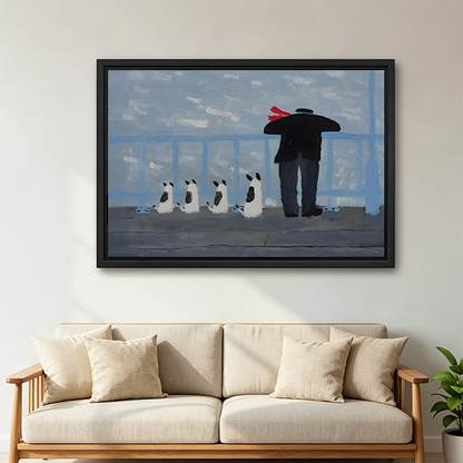 Oil painting style framed canvas wall art of a solitary man with red hat and four dogs standing at a grey coastal railing, moody seascape, modern living room sofa wall decor