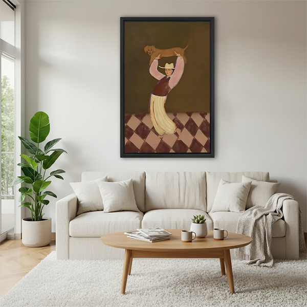 Vintage Woman Lifting Dachshund Framed Wall Art Print l2835