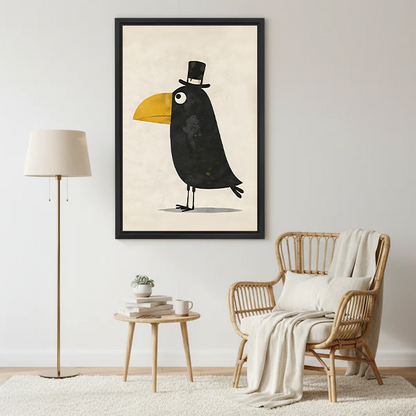 Bold dapper toucan with top hat framed illustration wall art print beside a rattan armchair and floor lamp in a cozy living room