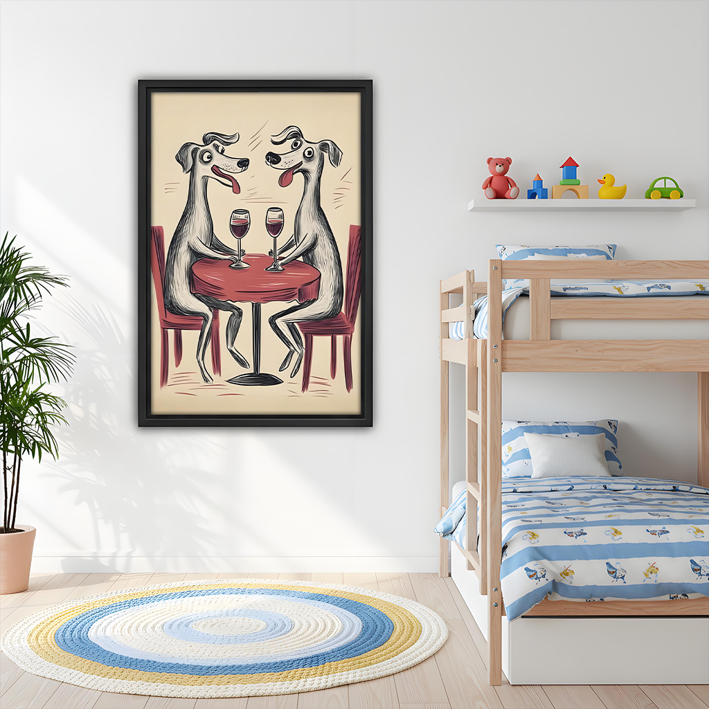 Funny dog couple wine art print above living room sofa
