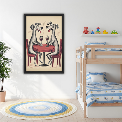 Funny dog couple wine art print above living room sofa
