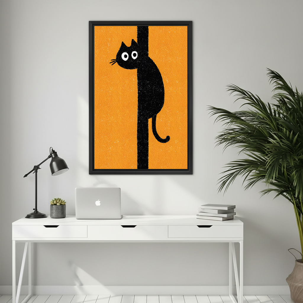 Humorous black cat hanging on pole wide-eyed illustration framed canvas print in orange above white home office desk with laptop