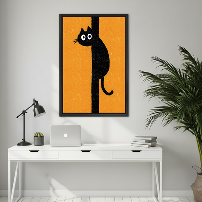 Humorous black cat hanging on pole wide-eyed illustration framed canvas print in orange above white home office desk with laptop