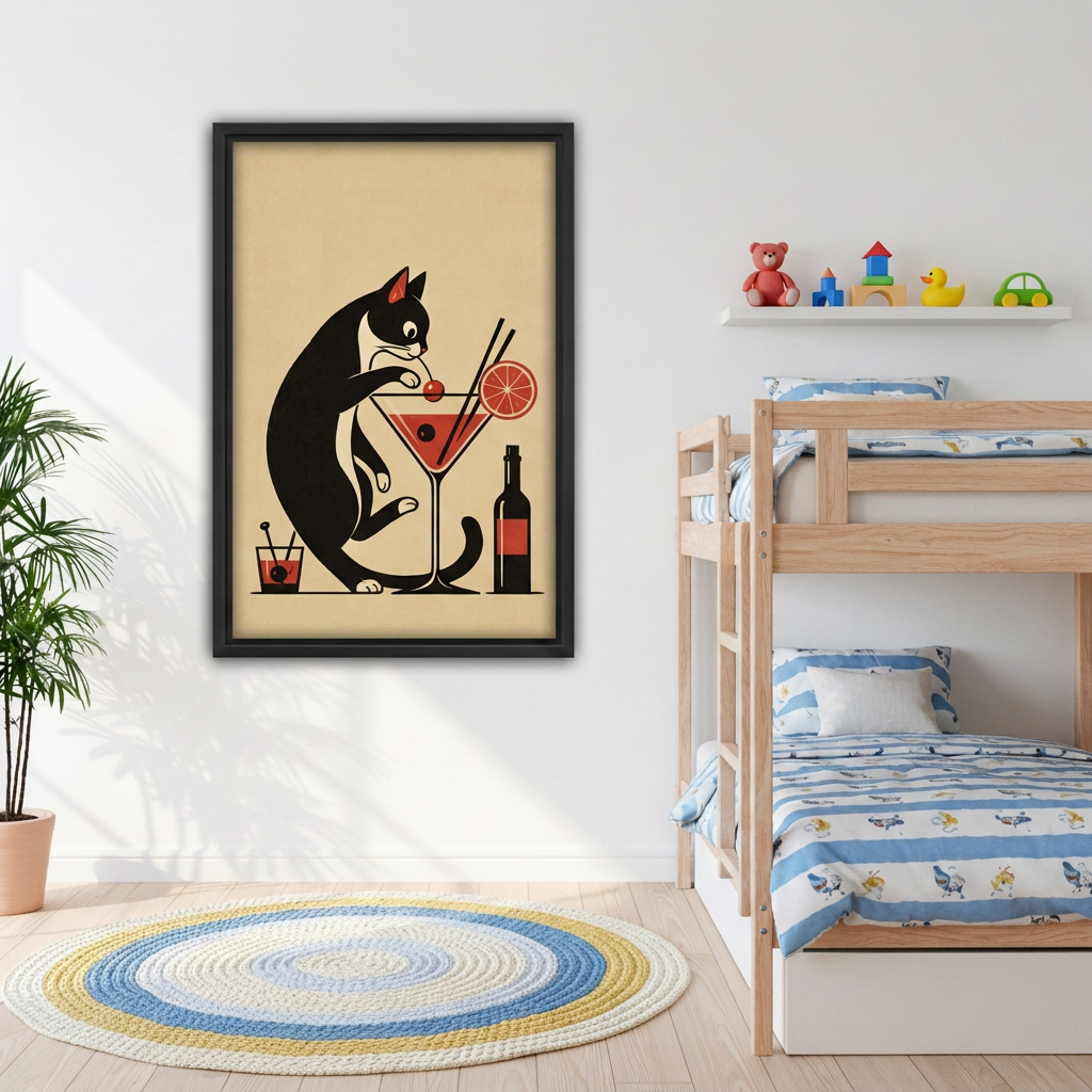 Retro Black Cat Cocktail Canvas Wall Art | Framed & Unframed l4930